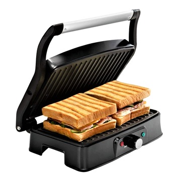 Gratar multifunctional 4 in 1 Hitte, 1500W,Placi cu invelis antiaderent aluminiu,Tava detasabila,Deschidere 180°,Termostat reglabil,Sandwich-maker,Toaster,Gratar,Panini,argintiu/negru Gratar multifunctional 4 in 1 Hitte, 1500W,Placi cu invelis antiaderent aluminiu,Tava detasabila,Deschidere 180°,Termostat reglabil,Sandwich-maker,Toaster,Gratar,Panini,argintiu/negru
