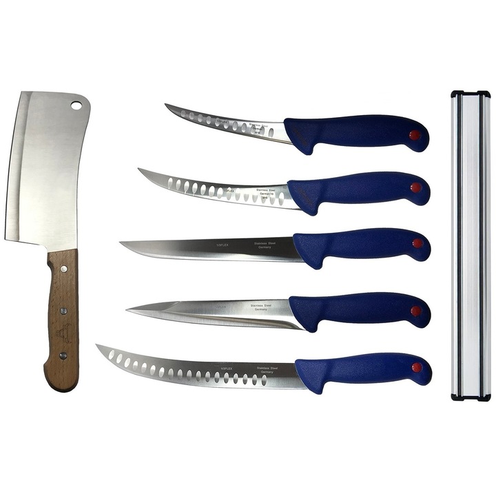 Professzionális csomag henteshez, szúrt, átvágott, csontozott, menetes, 5 kés + hasító + mágneses tartó, TLK054
