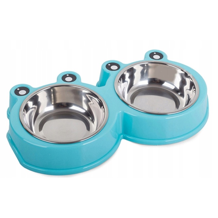 Bol dublu din inox pentru hrana sau apa animale, capacitate 2x0.3L, albastru