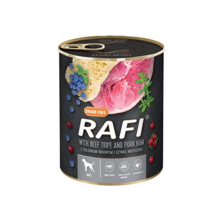 Pate pentru caini, Rafi, Carne de porc, afine si merisoare, Adult 800 g