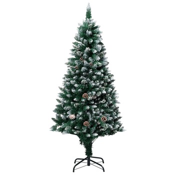 Brad artificial de Craciun, cu conuri si zapada alba, vidaXL, PVC, 150 cm, Verde Brad artificial de Craciun, cu conuri si zapada alba, vidaXL, PVC, 150 cm, Verde