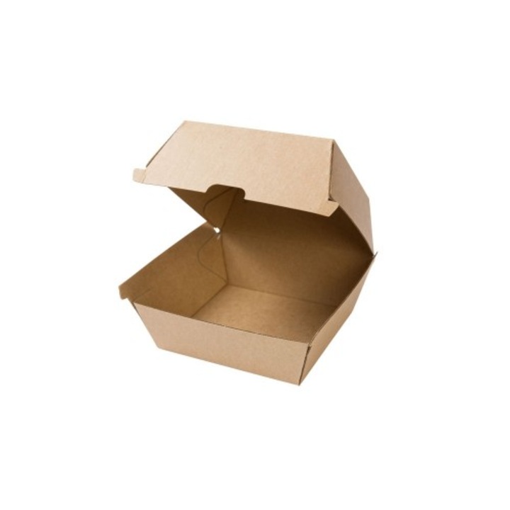 Set 50 cutii biodegradabile hamburger, capac rabatabil, carton maro, 450 ml