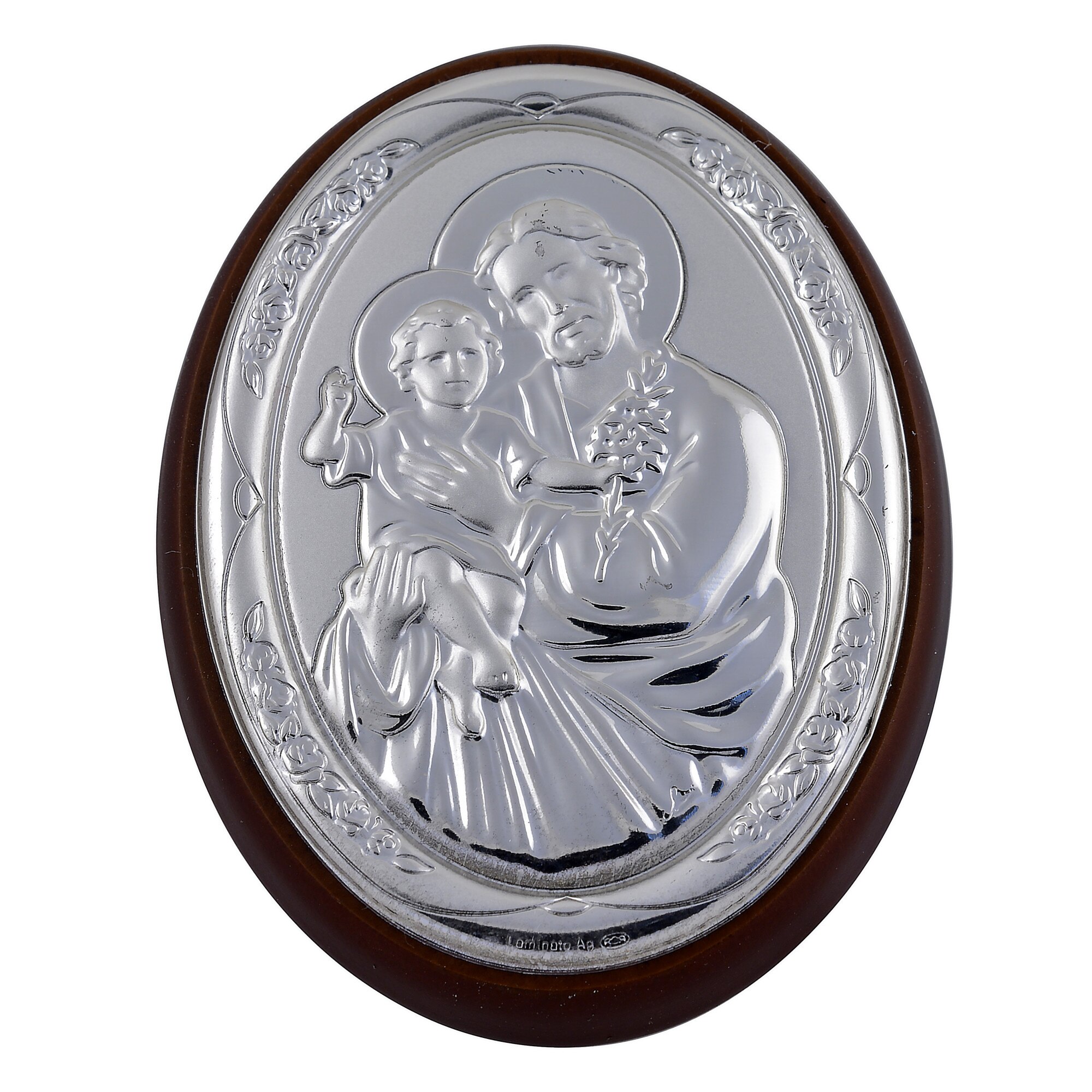 Icoana placata cu argint - Sfantul Iosif cu Iisus - Oval, finisaj alun, 8x6 cm, 1/3