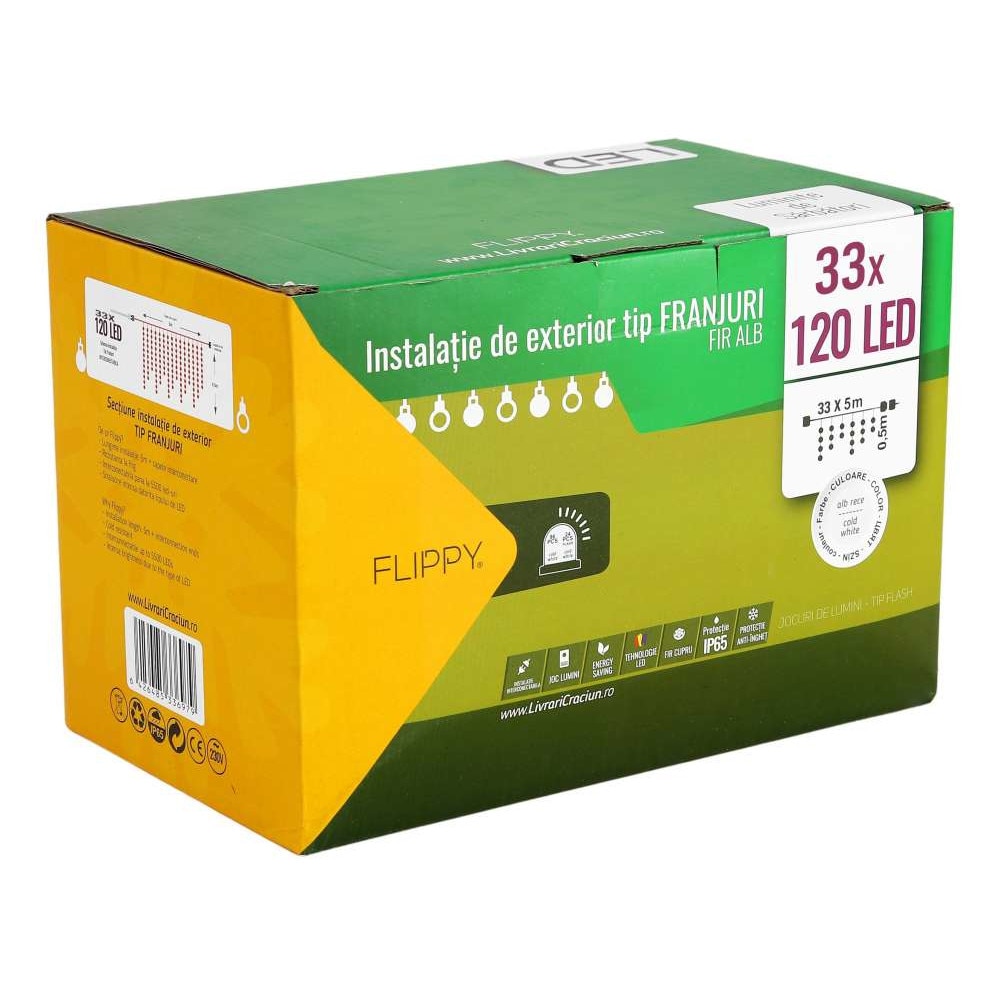 Instalatie de Craciun Premium Flippy® Tip Franjuri, Flash, cu transformator, 165 m, 3960 LED-uri, Interconectabila, Fir Alb, Alb Rece