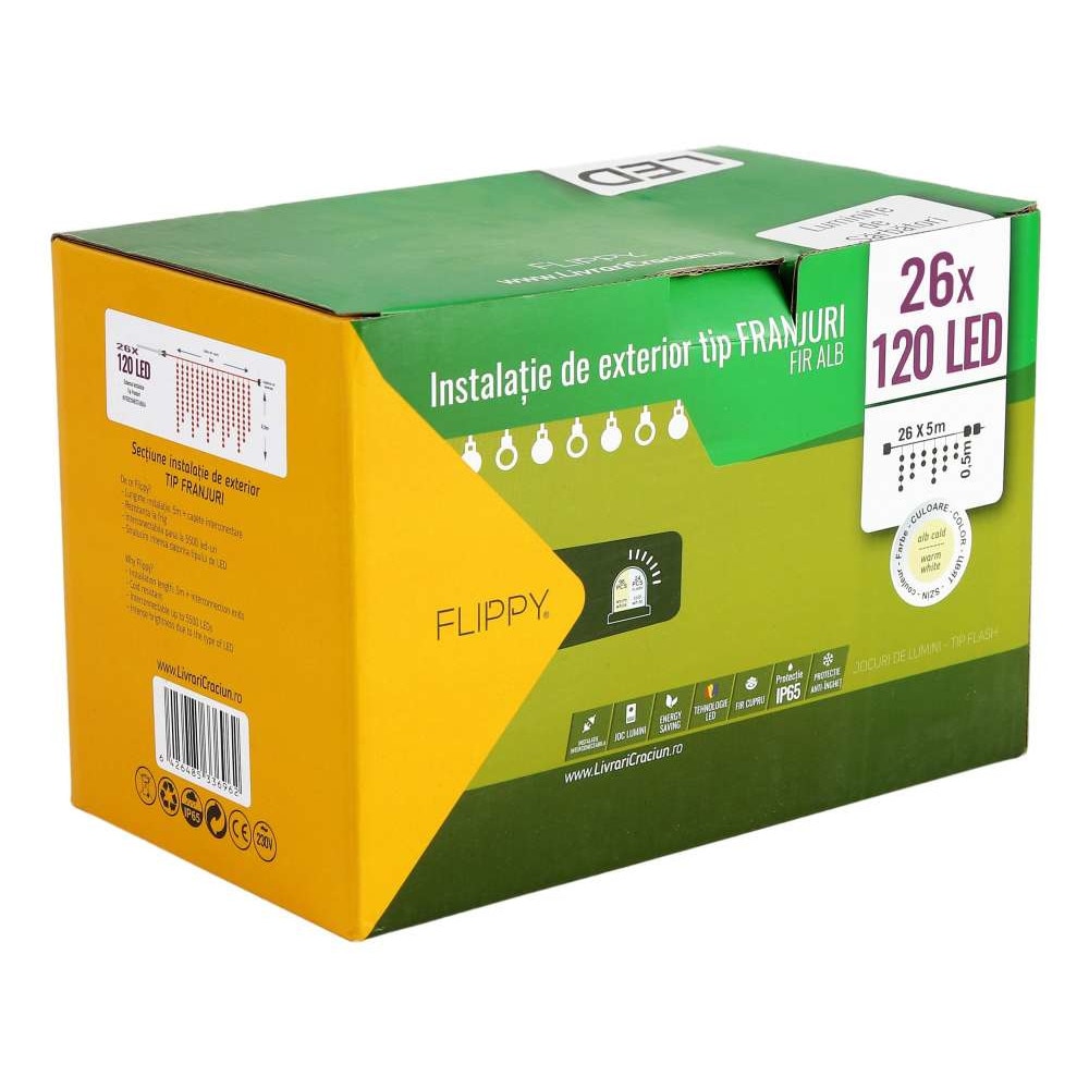 Instalatie de Craciun Premium Flippy® Tip Franjuri, Flash, cu transformator, 130 m, 3120 LED-uri, Interconectabila, Fir Alb, Alb Cald