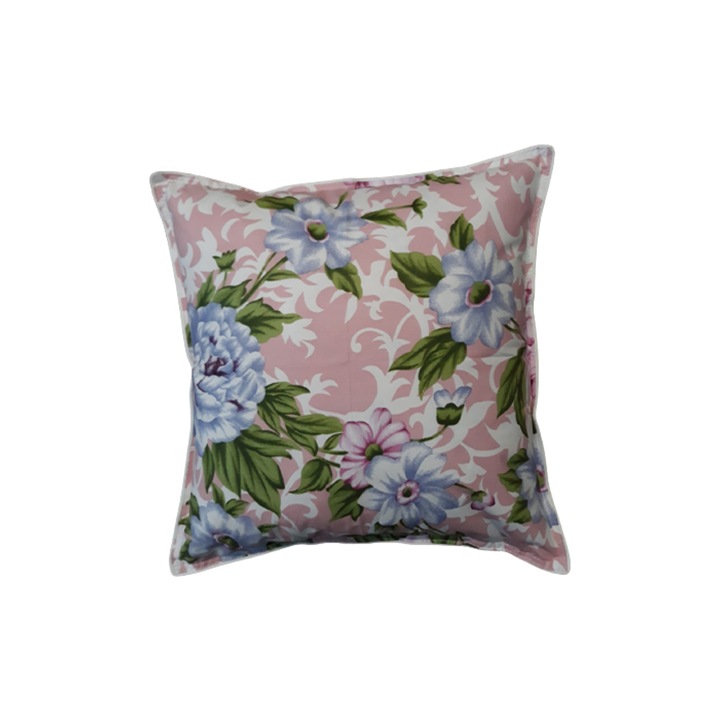 Perna traditionala din puf de gasca, decorativa, HTT, model 100% bumbac, culoare Roz/Flori, dimensiuni 40x40x20 cm, greutate 0,300 kg, forma patrata, cusatura dubla