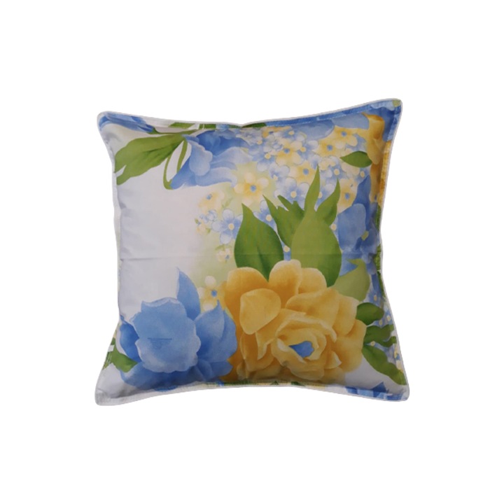 Perna traditionala din puf de gasca, decorativa, HTT, model 100% bumbac, culoare Alb/Flori mari, dimensiuni 40x40x20 cm, greutate 0,300 kg, forma patrata, cusatura dubla