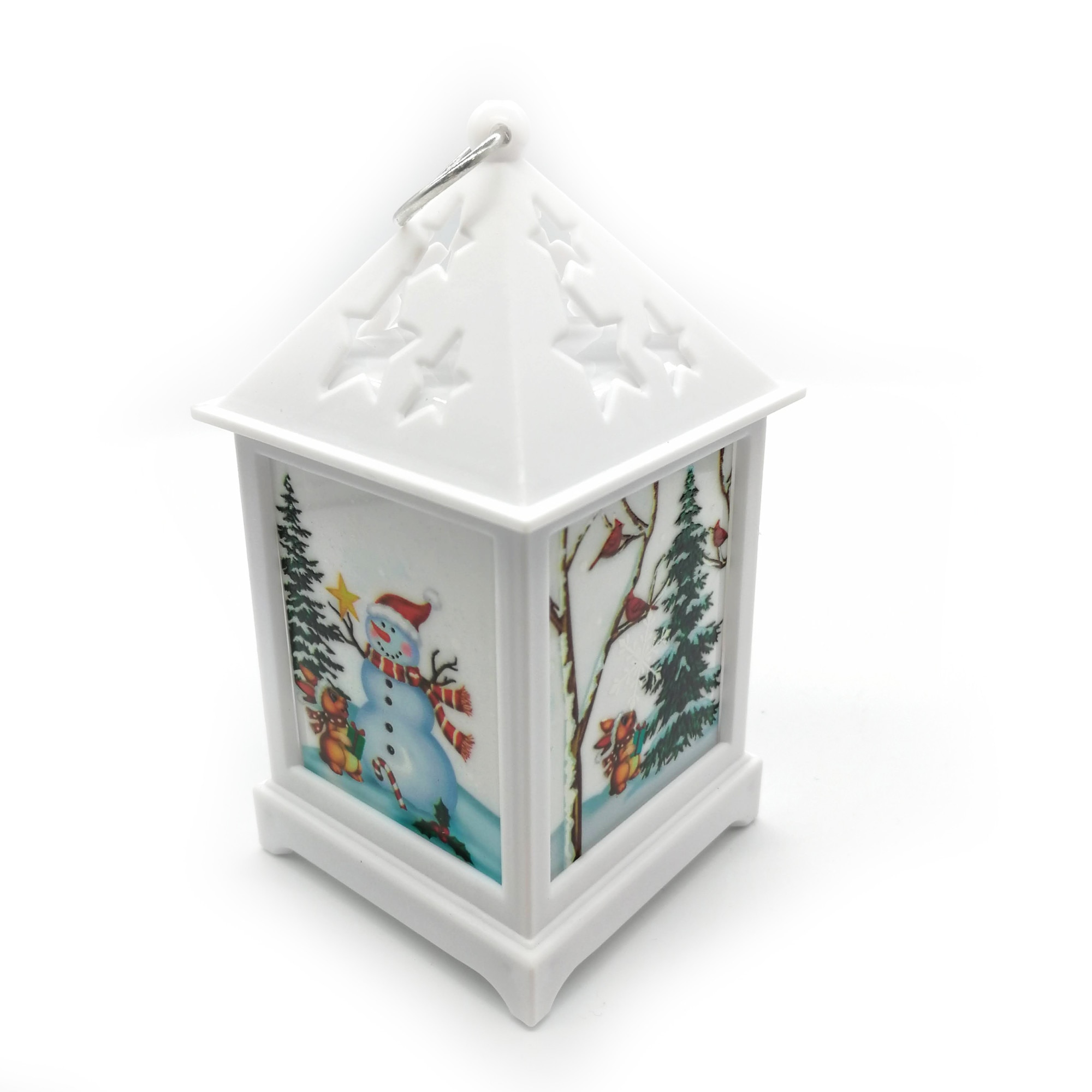 Felinar cu motive de Craciun 12 cm cu lumina LED calda, sclipitoare, alb
