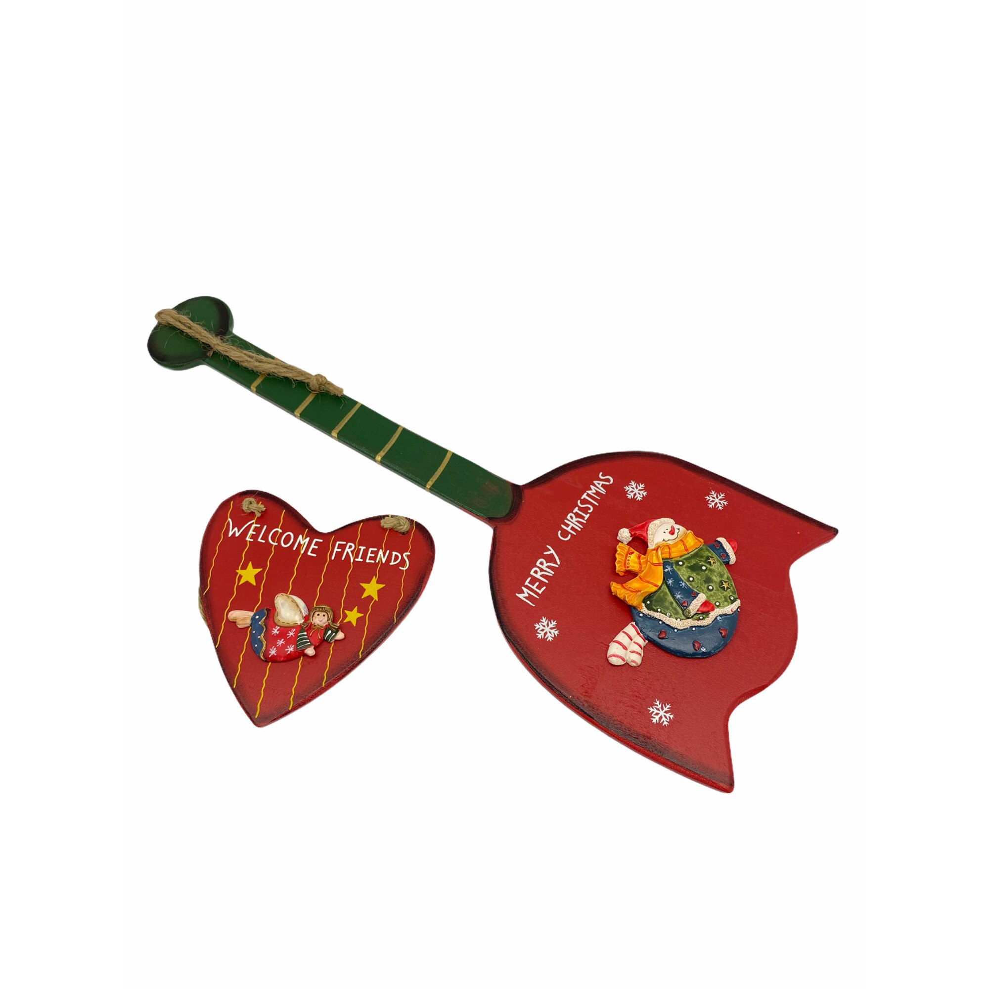 Set inimioara si clopotel Atelier pentru Craciun, Rosu, Lemn, 12/40cm