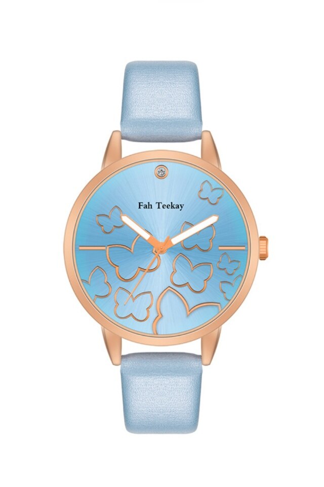 Ceas de dama Butterfly, curea bleu din piele ecologica si cadran cu fluturi, ideal cadou