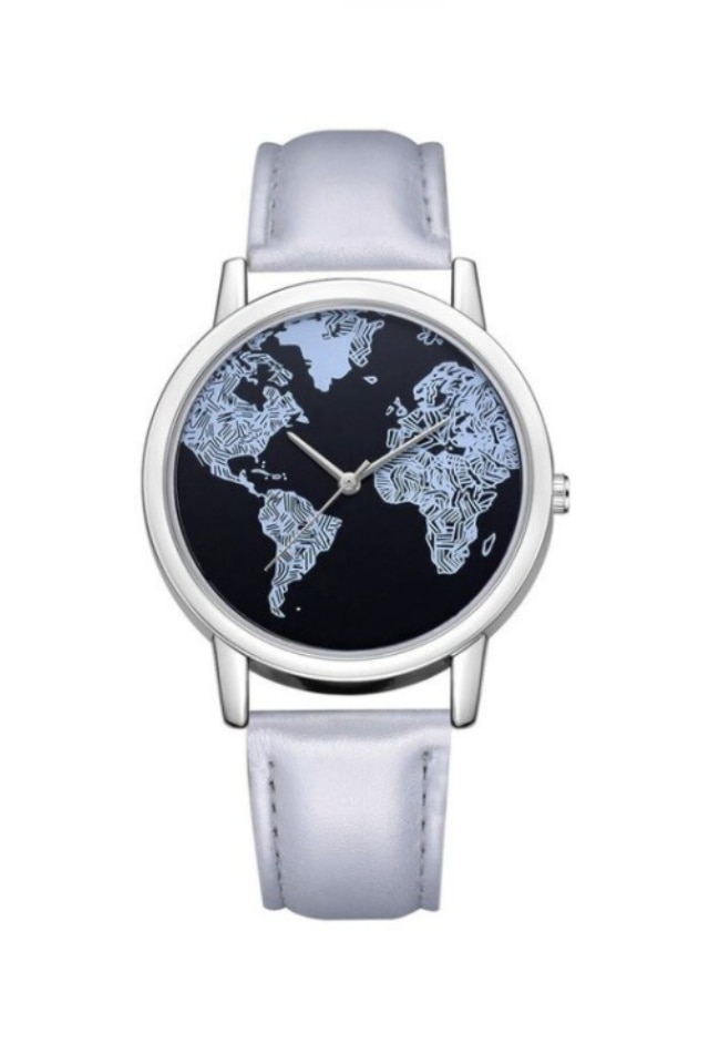 Ceas de dama Around the World, curea gri din piele ecologica, ideal cadou pasionati calatorii