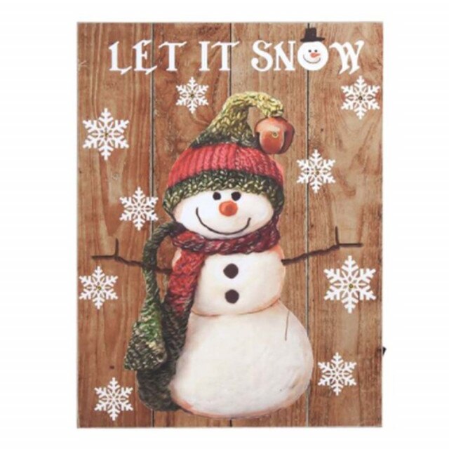 Tablou canvas decorativ Pufo cu leduri, model Happy Snowman, 40 x 30 cm