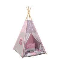Set Cort TeePee Stele roz/gri, saltea de joaca pufoasa, pernuta decorativa,100x100x165 cm, 3 piese