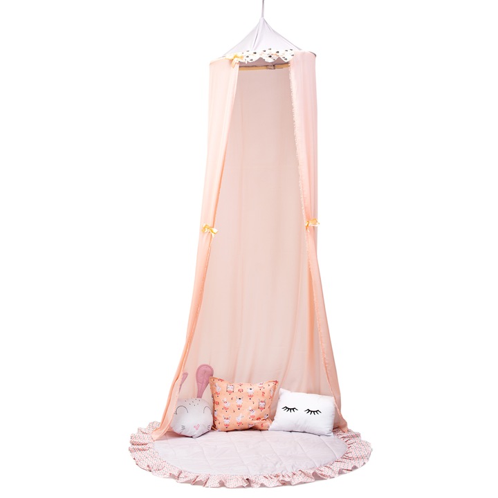 Baldachin de tavan , Model iepuras roz/gri, cu accesorii: saltea de joaca rotunda, 3 pernute decorative, 240 cm, 5 piese