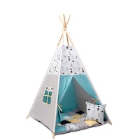 Set Cort TeePee Mint/negru, saltea de joaca pufoasa, pernuta decorativa,100x100x165 cm, 3 piese