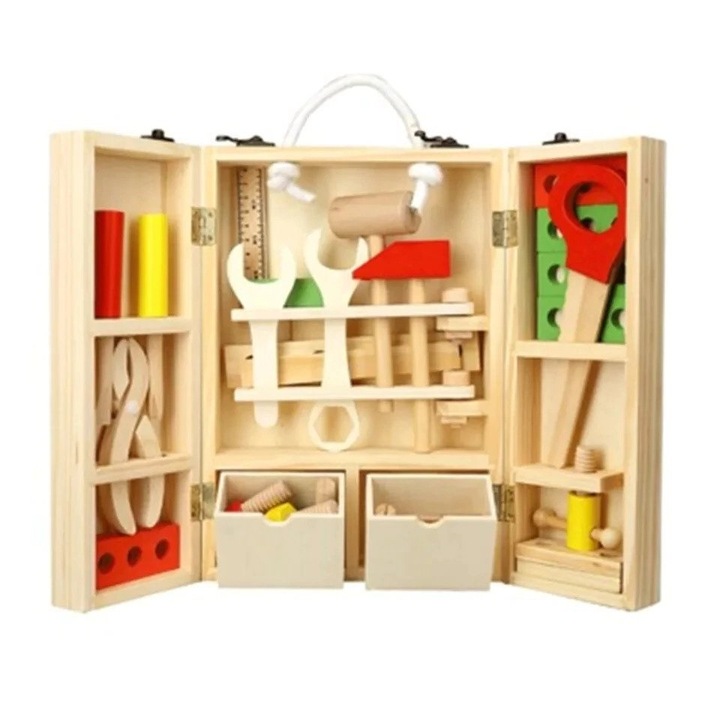 Trusa de scule, FamousKids®, 40 unelte din lemn, Montessori