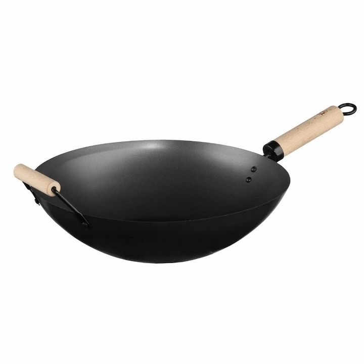 Secret de Gourmet wok serpenyő, fa nyél, masszív, acél, mély, praktikus keleti ételekhez