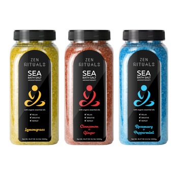 Set terapeutic Zen Rituals – 3 recipiente de saruri de baie cu uleiuri esentiale: sare de baie minerala pura cu Scortisoara si Ghimbir, Lemogras, Rozmarin si Menta Set terapeutic Zen Rituals – 3 recipiente de saruri de baie cu uleiuri esentiale: sare de baie minerala pura cu Scortisoara si Ghimbir, Lemogras, Rozmarin si Menta