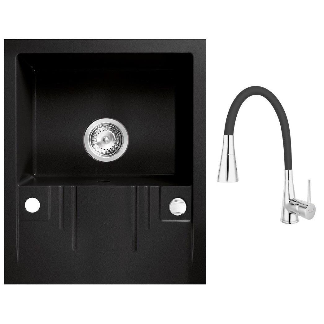 Set chiuveta Ferro granit negru o cuva 58x48 , cu baterie flexibila Ferro cu 2 functii negru