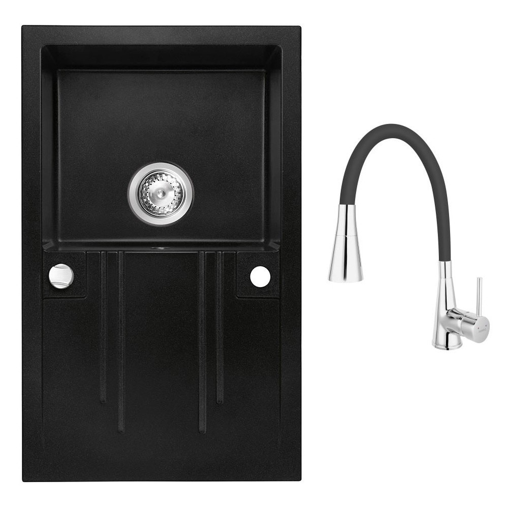 Set chiuveta Ferro granit 78x48 grafite cu baterie flexibila Ferro 2 functii negru