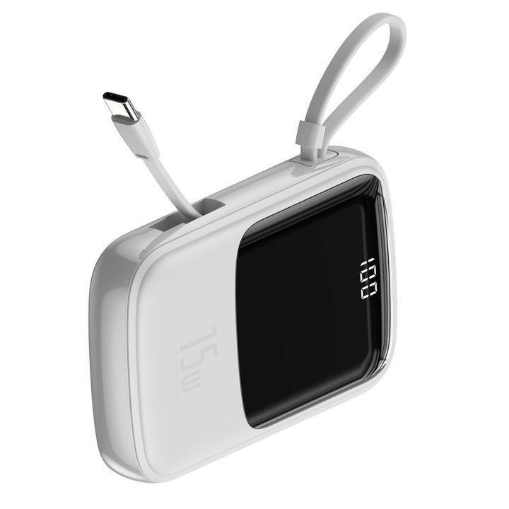 Преносима външна батерия Baseus Q Pow 10000 mAh, 3A, 15W, 3 порта, USB, USB-C, USB-C кабел кабел, бял