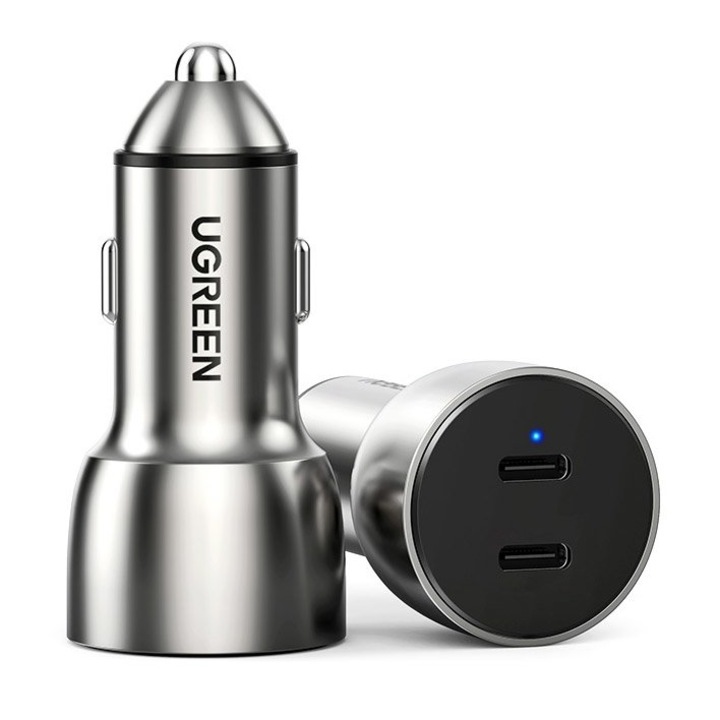 Зарядно устройство за кола Ugreen, 2 порта, USB-C, QC, 4.0 PD, 36W, 3A, сив