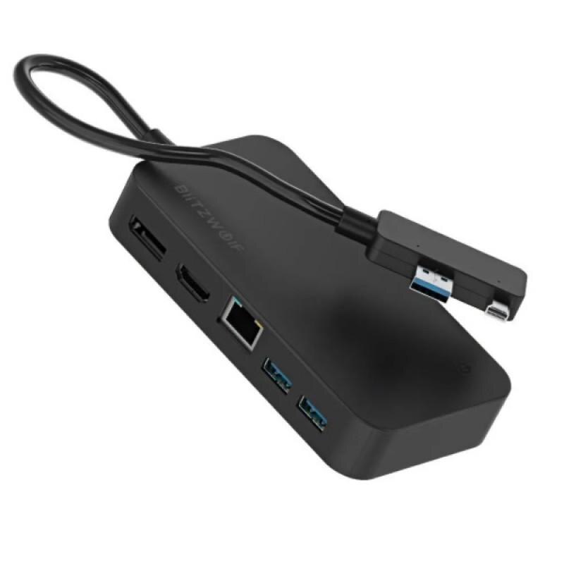 Adaptor HUB 7-in-1 BlitzWolf BW-TH7, USB - 1x DC, 1x HDMI, 1x DisplayPort, 1x Mini Jack 3.5 mm, 2x USB 3.0, 1x RJ45, 6.5cm, Negru