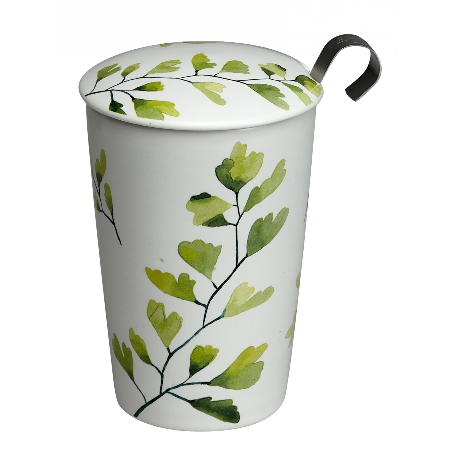 Cana cu sita si capac - TeaEve Trees Gingko, Portelan, 350 ml, Alb / Verde