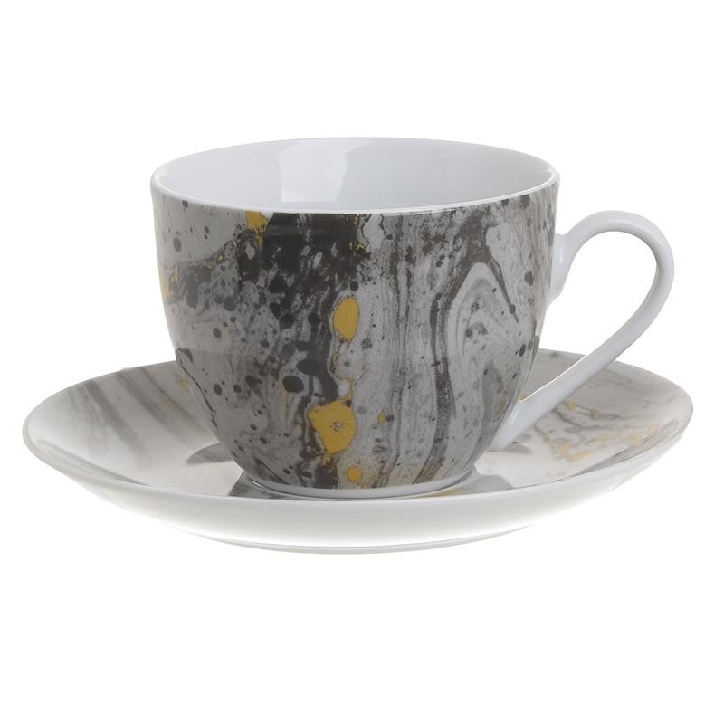 Set 6 cesti si 6 farfurioare din portelan pentru ceai, model abstract, negru/gold, 200 ml