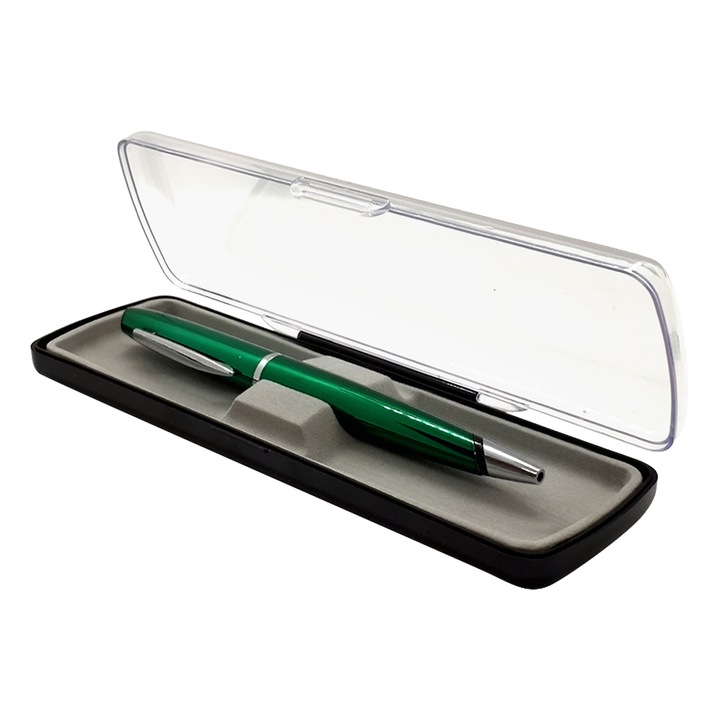 Зелена поддържаща писалка, отпечатък, син цвят в пластмасова кутия