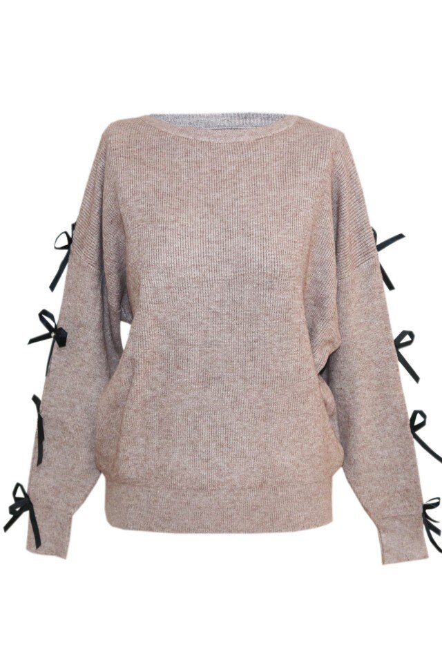 Pulover pentru dama cu funda aplicata pe maneca ,crem, DAE8298, Crem