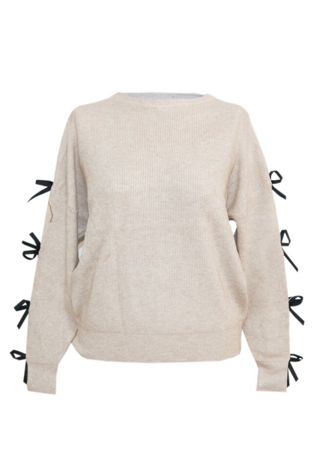 Pulover pentru dama cu funda aplicata pe maneca ,bej, DAE8297, Bej