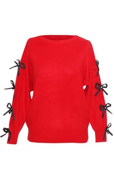 Pulover pentru dama cu funda aplicata pe maneca ,rosu, DAE8299, Rosu Pulover pentru dama cu funda aplicata pe maneca ,rosu, DAE8299, Rosu