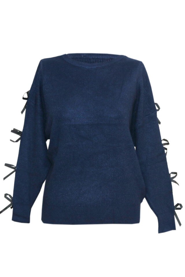 Pulover pentru dama cu funda aplicata pe maneca ,bleumarin, DAE8301, Albastru, L