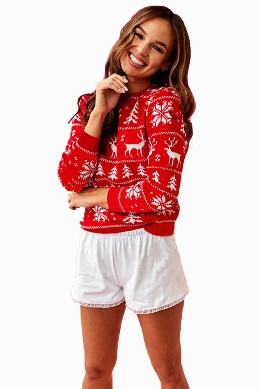 Pulover de Craciun, rosu, imprimeu etnic, One Size INTL