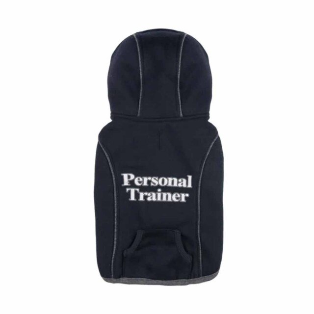 Haina cu gluga Pufo pentru caini, imprimeu Personal trainer, albastra, M