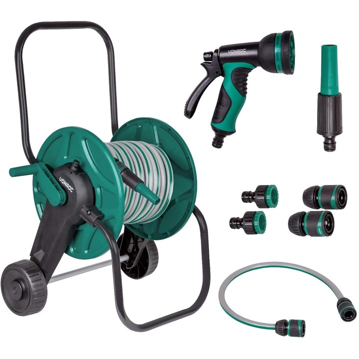 Градински маркуч с макара VONROC S_HT502XX, С колелца, 20 м, Включва 3 ръчни дюзи и съединители