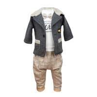 Compleu casual pentru baieti, trei piese, crem-gri, marime 56-62 cm, varsta 0-3 luni