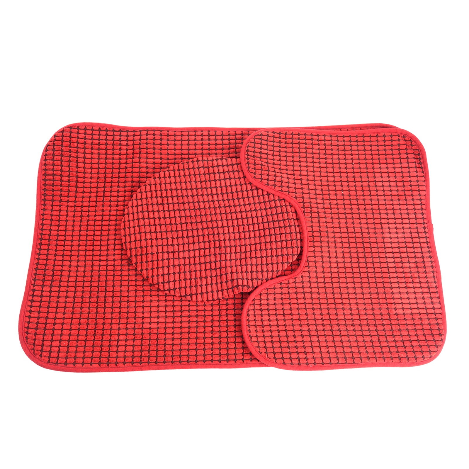 Set covor de baie alcatuit din 3 piese, cu patratele, 80 cm, rosu