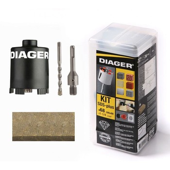 Trusa carote pentru electrician - 5 piese carota diamantata Ø68 + adaptor compatibil SDS-plus 100mm + burghiu de centrare + piatra de ascutit Diager Trusa carote pentru electrician - 5 piese carota diamantata Ø68 + adaptor compatibil SDS-plus 100mm + burghiu de centrare + piatra de ascutit Diager