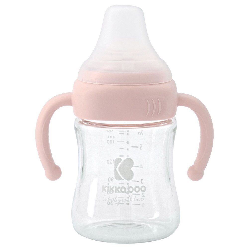Biberon din sticla 180ml cu manere KikkaBoo Pink