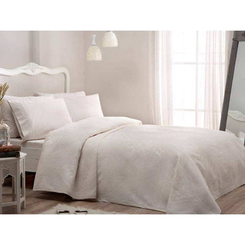 Set Lenjerie de pat dublu si Cuvertura, bumbac 100%, 4 piese, marca TAC, model Jakar Rosabella Ekru