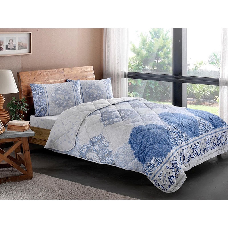 Set Lenjerie de pat si pilota, bumbac 100%, marca TAC, model Aryan Albastru