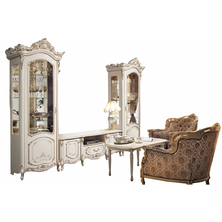 Set mobila pentru living, Eliza, alb cu ornamente aurii
