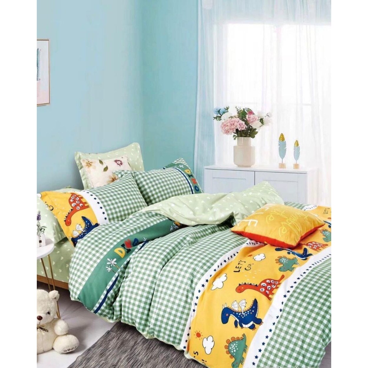 Set Lenjerie Finet Satinat, 4 Piese, Pat 1 Persoana, Dino Park