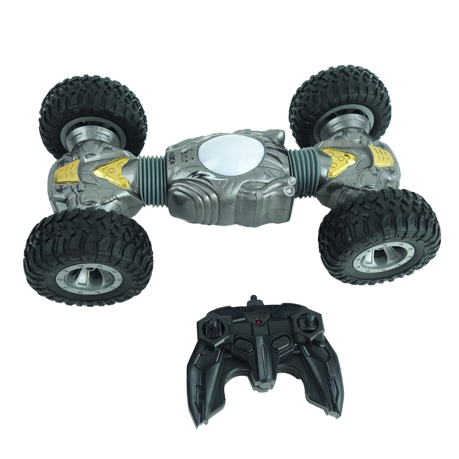 Masinuta transformabila, cu telecomanda wireless, pentru cascadorii, roti de cauciuc, design sport, gri/auriu, 30 cm