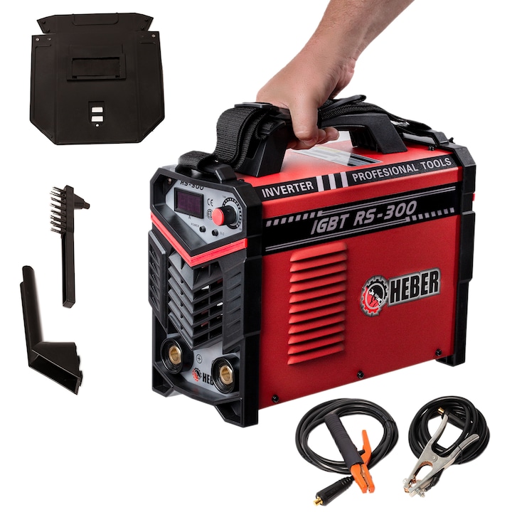 Invertor de sudura HEBER® RS-300, 300 A, electrod 1.6 - 5 mm, afisaj digital, sistem racire, protectie supraincalzire, lungime cabluri 3 m, accesorii de sudura, Rosu