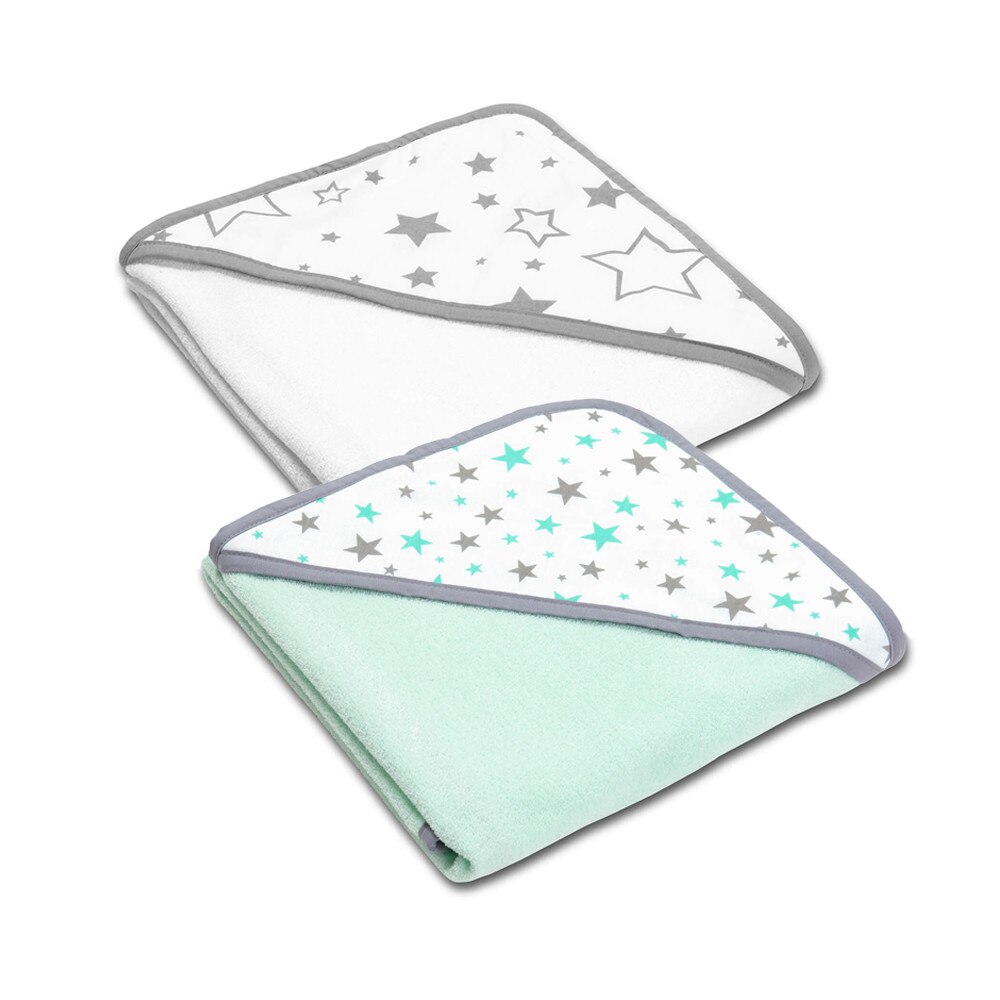 Set doua prosoape bebe din bumbac cu gluga 90x90 cm Kidizi Galaxy Grey Mint
