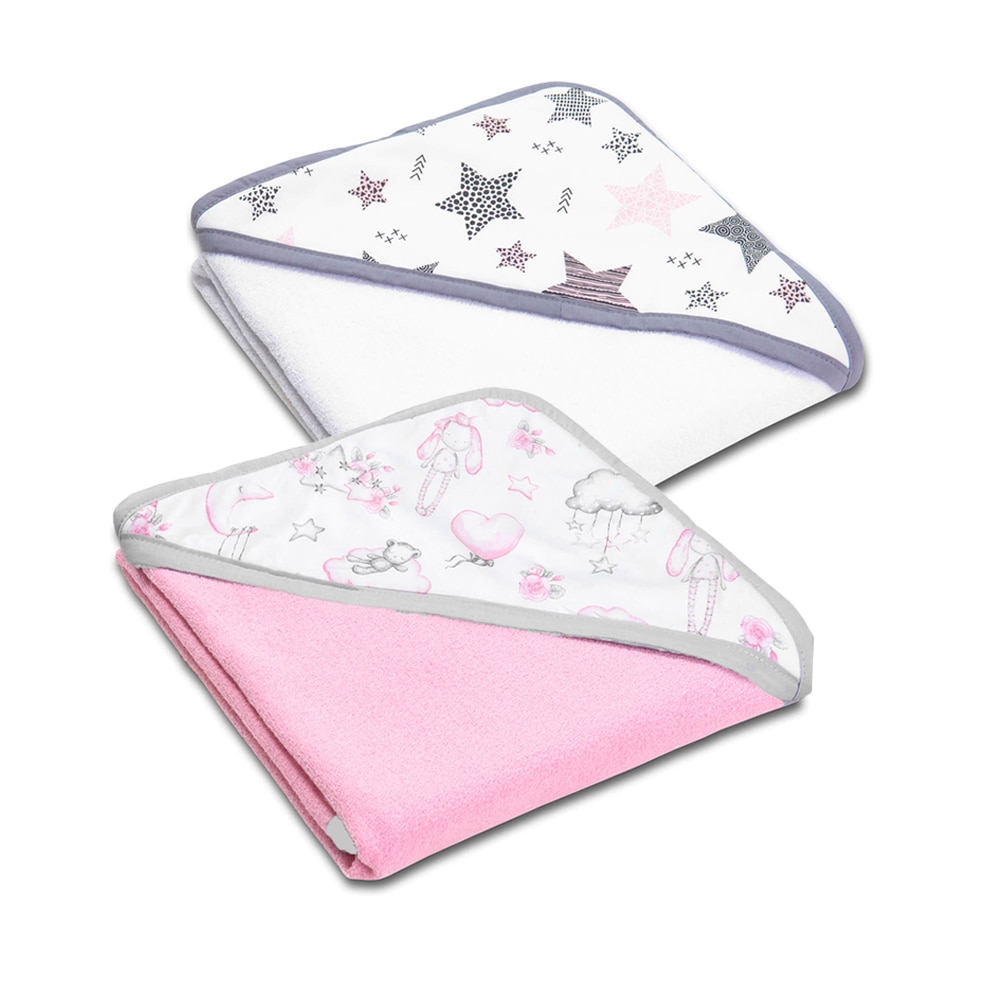 Set doua prosoape din bumbac cu gluga Kidizi 90x90 cm Pink Star Clouds