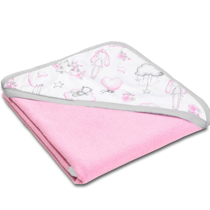 Kidizi Pink Fairy Clouds baba törölköző, pamut, kapucnival, 90x90 cm, rózsaszín